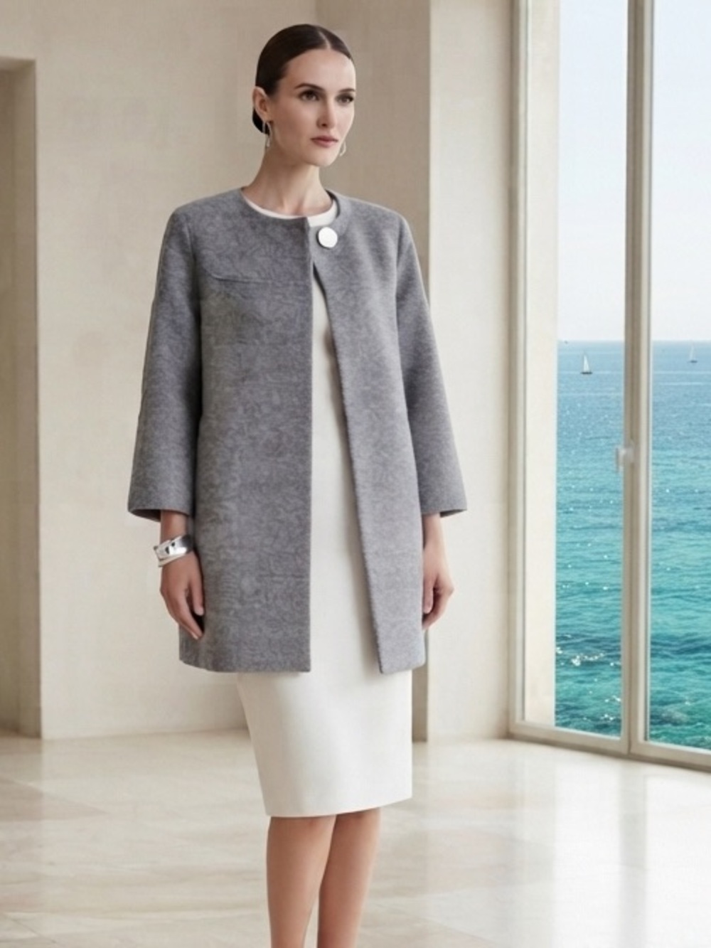 Quiet Luxury Minimalist Grey Collarless Wool Blend Mid Coat